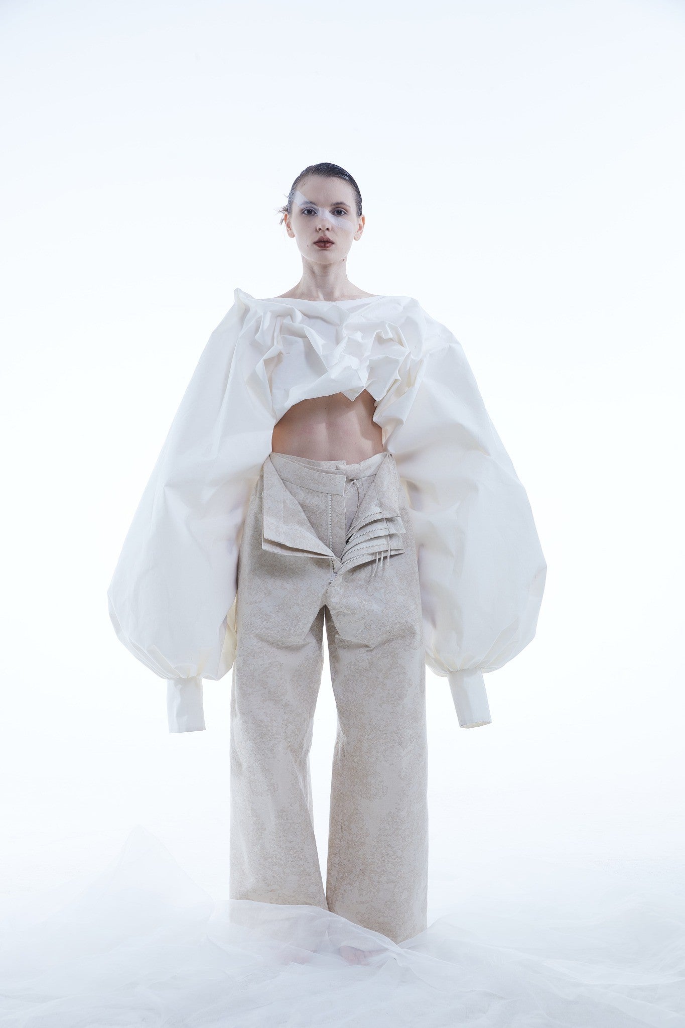 Ropped Cotton Ruched Top with Lantern Sleeves