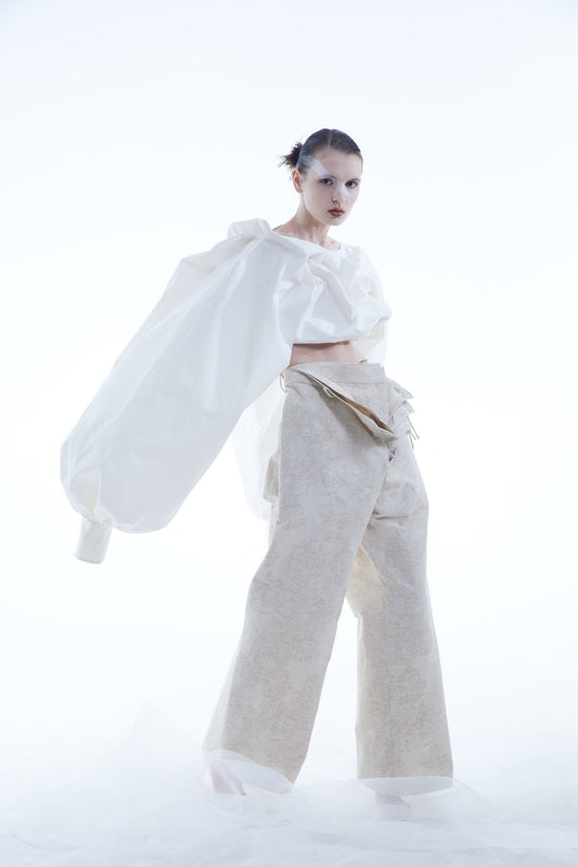 Ropped Cotton Ruched Top with Lantern Sleeves