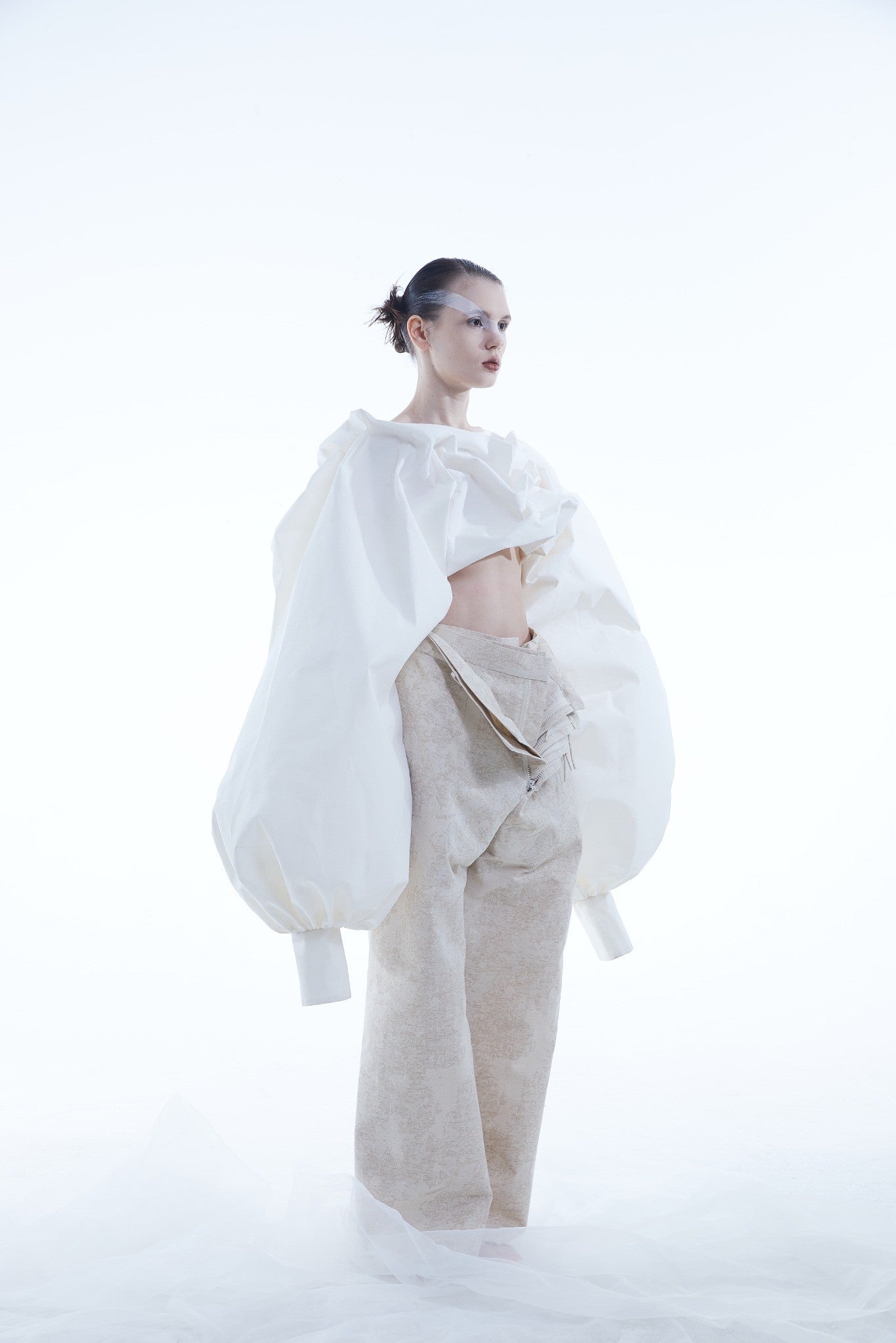 Ropped Cotton Ruched Top with Lantern Sleeves