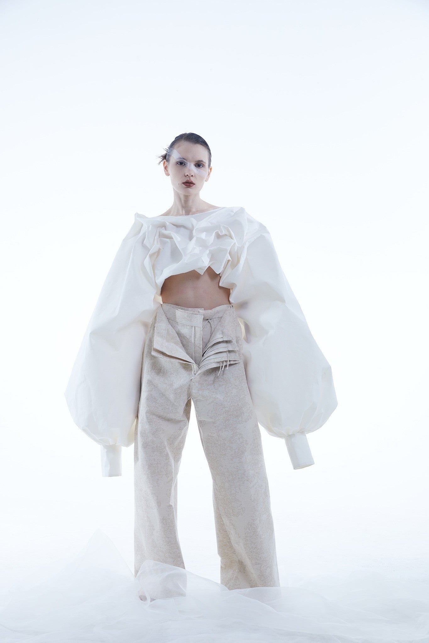 Ropped Cotton Ruched Top with Lantern Sleeves